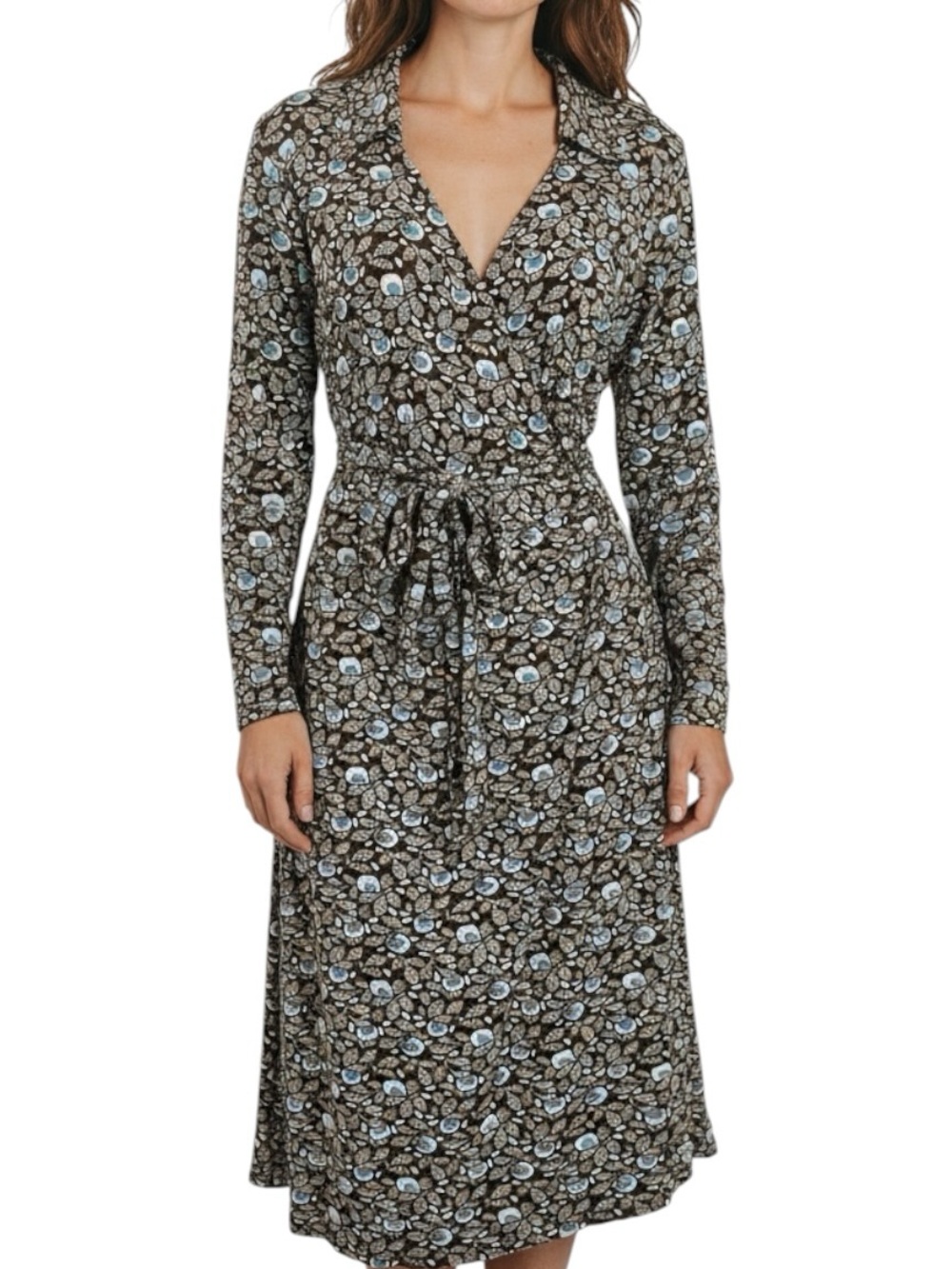 Boden Floral Wrap Midi Dress Size L/14 Jersey Knit Brown Blue Preppy Classic